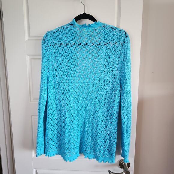 Sigrid Olsen Cardigan Sweater Womens Large Open Weave Aqua Blue Crochet - Picture 6 of 9